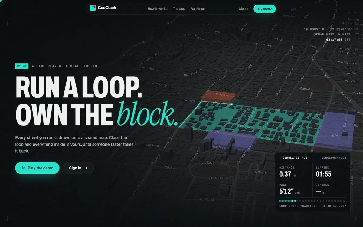 GeoClash landing page: run a loop, own the block